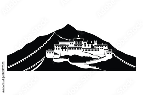 Ancient tibetan monastery in mountains with prayer flags silhouette