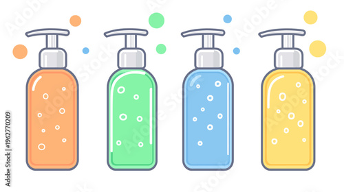 Four colorful bottles with pumps, containing liquid and bubbles, with floating spheres around them