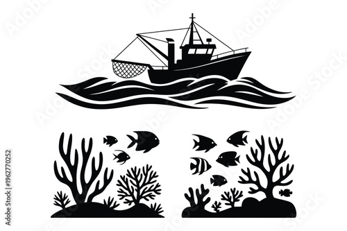 Fishing boat on waves and underwater coral reef fish vector set