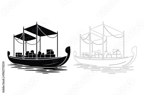 Ancient trading boat with cargo silhouette icon vector illustration