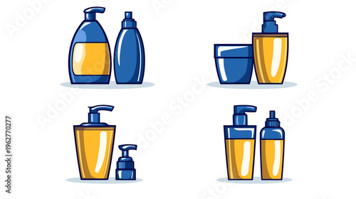 Digitized illustrations showing cosmetic bottles and dispensers in blue and yellow hues