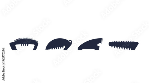 Four dark gray silhouetted objects with a white background. Each has a different comb-like design