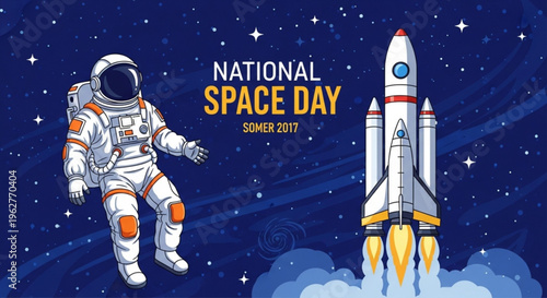 Astronaut in space suit floats next to rocket launch on national space day with starry night sky background