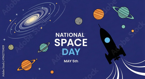 National space day poster with rocket and planets on dark blue background celebrating may 5th in astronomy and space exploration