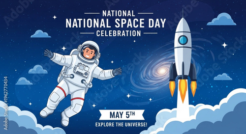 Astronaut in space suit floating near rocket on national space day celebration background with galaxy and clouds