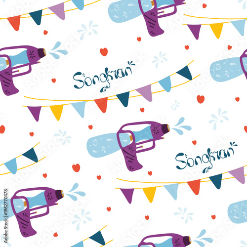 Thai Songkran festival seamless pattern with water guns bunting flags and cute hearts. Hand drawn flat vector for summer water fight party design