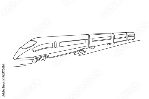 Continuous one line drawing high speed bullet train traveling on tracks. Modern rail technology, rapid intercity transport, efficient global travel. Single line draw design vector graphic illustration