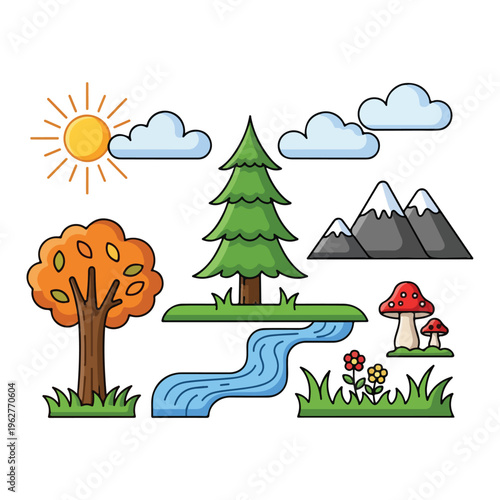 Colorful illustrated nature scene with sun, trees, clouds, mountains, and water