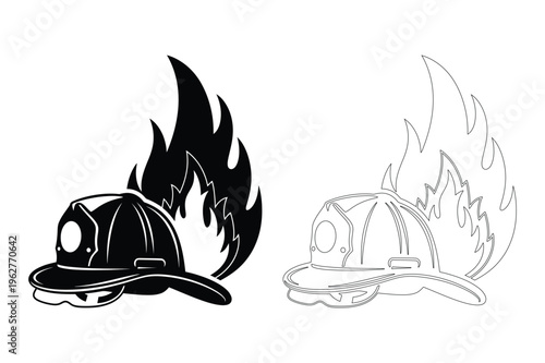 Firefighter helmet with flames silhouette vector for emergency services theme