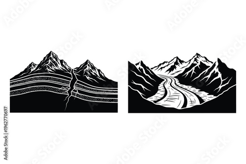 Mountain landscape and river valley silhouette vector for nature and outdoors