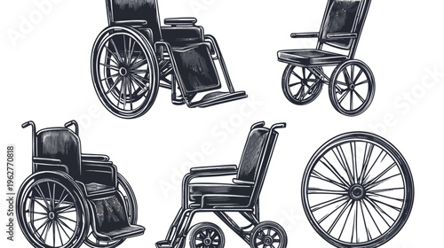 Black and white illustration of various types of wheelchairs, depicting the design details and structures