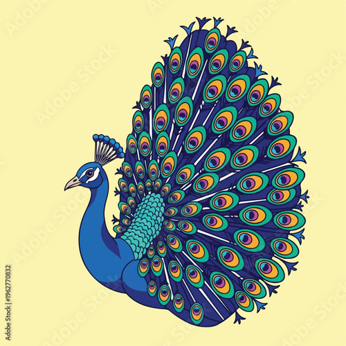 Colorful illustrated peacock with full tail feathers on a light yellow background
