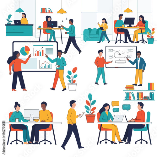 Colorful illustrated office scene with diverse people working together