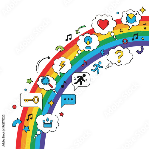 Colorful illustrated rainbow with speech bubbles and various thematic icons