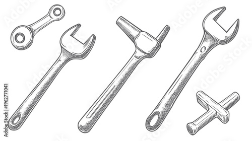 Hand-drawn set of tools. Illustration of various wrenches and tools for maintenance and repair