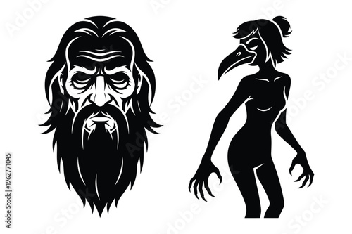 Gothic bearded man and plague doctor character vector illustration
