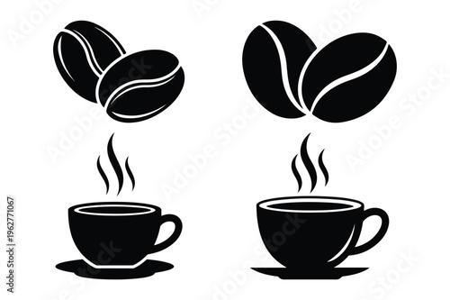 Hot coffee beans and steaming cups silhouette vector icons set