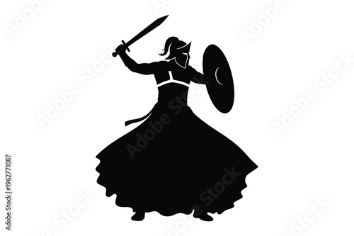 Female warrior silhouette with sword and shield vector illustration