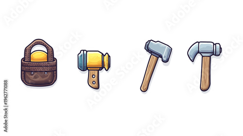 Digitally created illustration of four different hand tools, including hammers and a basket, all cartoon style