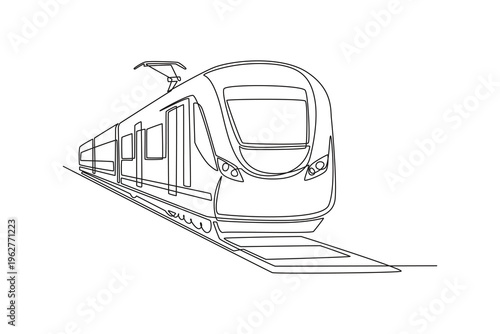 Continuous one line drawing modern electric commuter train for urban public transit and city mobility. High speed rail travel, transport, commuting. Single line draw design vector graphic illustration