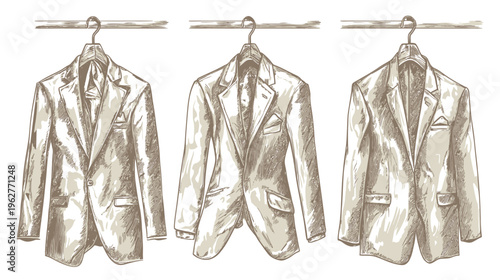 Hand-drawn sketches of three suit jackets hanging on a bar. Monochrome and detailed artwork