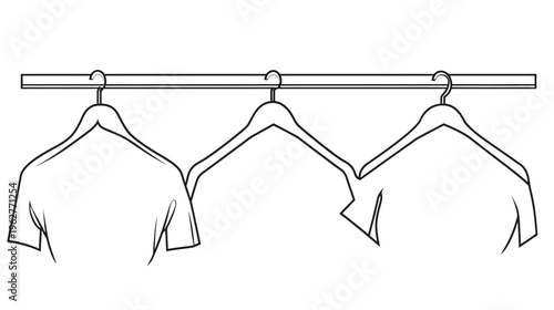 A black and white line drawing of three t-shirts hanging on a rail