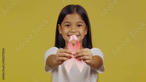 A young girl smiles brightly while holding a pink ribbon.