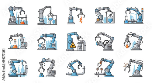 Industrial robotic arms in factory settings.