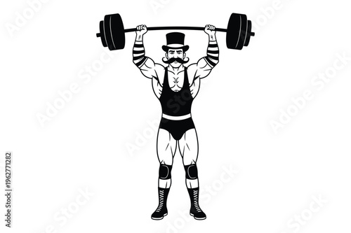 Vintage strongman lifting barbell weights in circus act