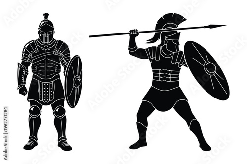 Ancient spartan roman warriors with spears shields armor