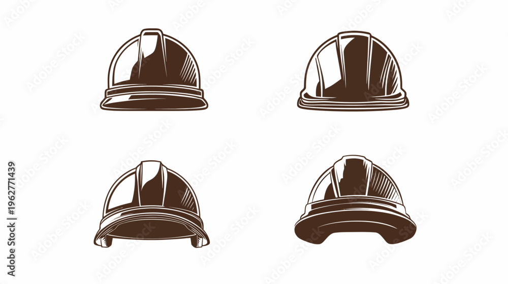 Fototapeta premium Four stylized brown construction helmets against a white backdrop, each in a unique perspective