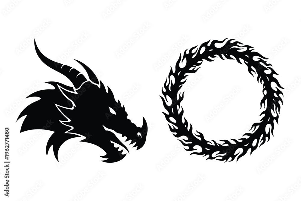 Fototapeta premium Dragon head and ouroboros circular symbol vector silhouette