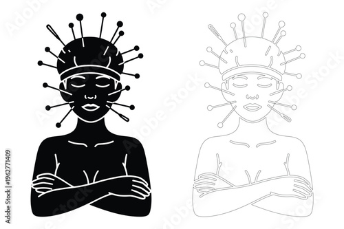 Woman head with pins voodoo doll or pincushion concept vector
