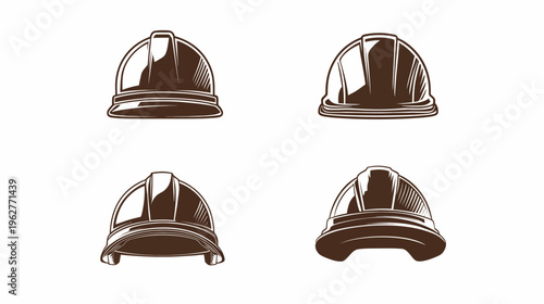 Four stylized brown construction helmets against a white backdrop, each in a unique perspective