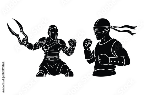 Fantasy martial arts fighters combatants vector silhouette illustration
