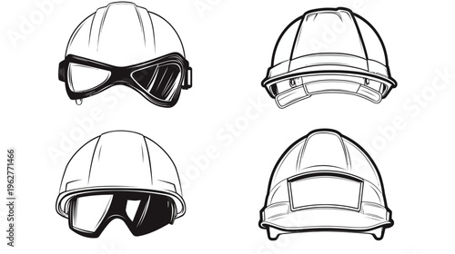 Four black and white illustrations of safety helmets, showcasing various designs and styles