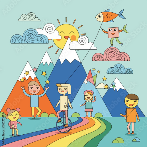 Colorful illustrated scene depicting a sunny day, mountains, and cheerful children