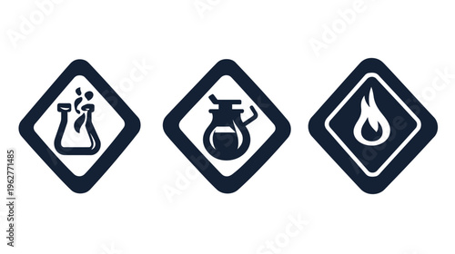 Three stylized, dark blue science icons set within dark blue diamond shapes on a white background