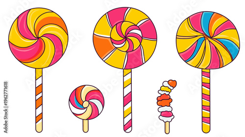 Colorful lollipops and a stacked frozen treat on a stick against a white background