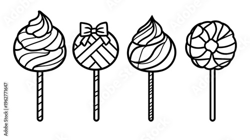 A collection of four lollipop illustrations in black and white, various shapes and designs