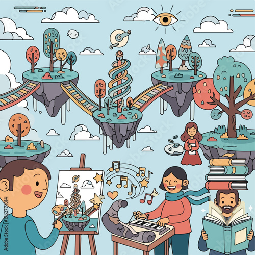 Colorful illustrated scene with floating islands, people, trees, art, and music