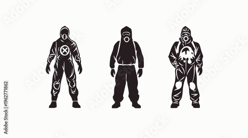 Three stylized figures in protective suits, varying in design, against a blank white backdrop