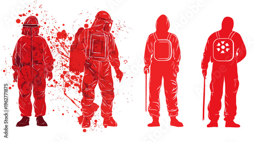Four figures in red hazmat suits with splatters on white background. Different designs