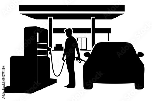 Minimalist vector silhouette of a person refueling a car at a gas station. This high-contrast black design features a fuel pump and vehicle, ideal for automotive and travel themes.