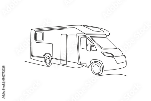 Single continuous line drawing a modern motorhome with spacious interior cabin. Spirit of mobile living, luxury camping, and long-distance road trips. One line draw graphic design vector illustration