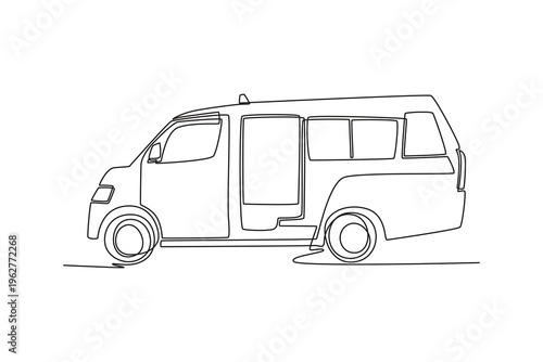 Single continuous line drawing a commercial passenger minibus or shuttle van, public transit, school transportation. Boxy shape and passenger windows. One line draw graphic design vector illustration