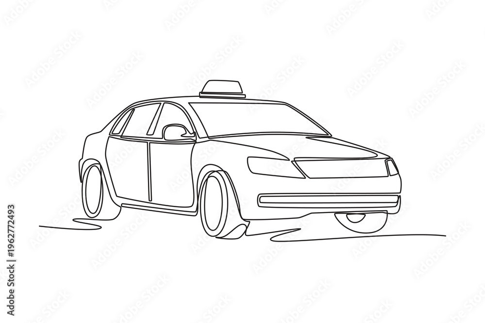 Naklejka premium Single continuous line drawing modern city taxi sedan for urban passenger transport and public commuting service. Automotive transit, travel, mobility. One line draw graphic design vector illustration