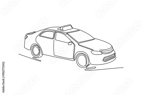 Single continuous line drawing modern city taxi sedan for professional passenger ride services, urban transit. Automotive mobility travel, commuting. One line draw graphic design vector illustration
