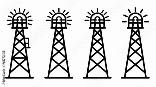 Four identical black outlined towers, each with a light above, stand on a white field