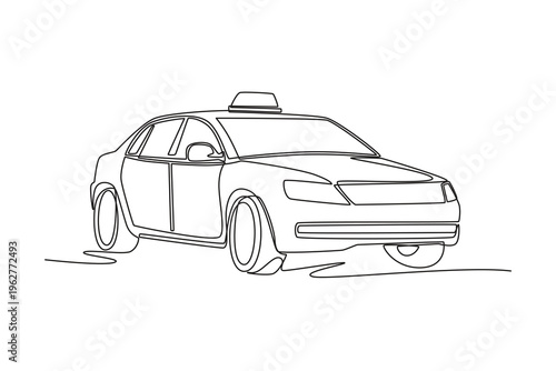 Single continuous line drawing modern city taxi sedan for urban passenger transport and public commuting service. Automotive transit, travel, mobility. One line draw graphic design vector illustration